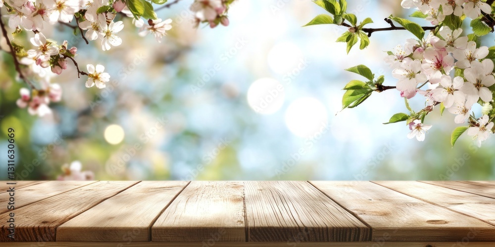 Poster blooming tree branches frame rustic wood surface springtime background