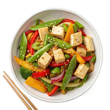 Vegetable stir fry with tofu isolated on transparent background 