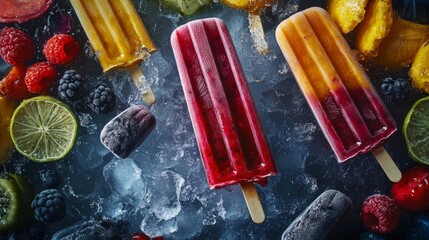 A vibrant arrangement of multicolored fruit popsicles on ice, surrounded by an assortment of fresh berries, citrus, and tropical fruits. Ideal for summer, food, and refreshment themes.. AI Generation