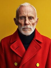 Obraz premium Senior Man in Red Coat Against Yellow Background