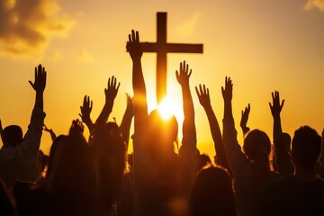 Fototapeta premium A powerful Christian worship scene with hands raised in front of the cross, filled with praise