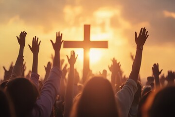 Worshipers with hands lifted high in front of the cross, experiencing a profound Christian worship moment