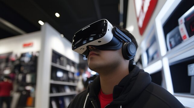 VR headset user in tech store enjoying virtual reality experience. AI generated