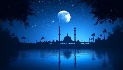 Night scene of mosque reflected in water under full moon.