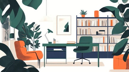 Modern Office Space with Plants and Bookshelves