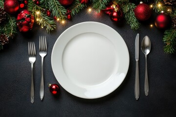 Christmas dinner table setting with an empty plate, cutlery, and charming Christmas toys, perfect for the holiday season
