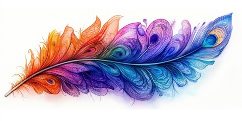 Obraz premium An exquisite watercolor peacock feather bursts with vibrant orange, purple, and blue hues, its intricate swirls creating dynamic movement and captivating elegance