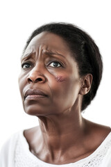 Obraz premium Woman looking concerned with facial injury on isolated white background expressing emotions vulnerability and resilience in personal health story.