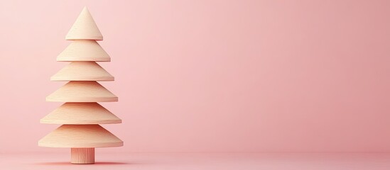 Wooden Christmas tree in soft beige placed on a light pink background with ample copy space perfect for minimalist winter holiday greeting cards.