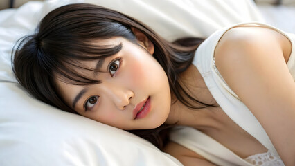 Obraz premium Young Asian female model lies on bed and gives seductive glances