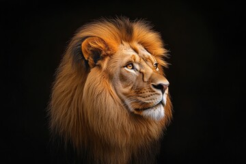 Fototapeta premium A majestic lion with a magnificent mane gazes thoughtfully, exuding strength and grace against a dark background.