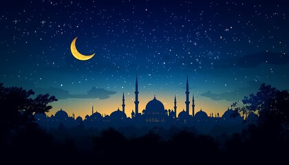 Naklejka premium Night cityscape with crescent moon and mosque silhouettes.
