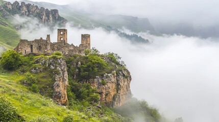 Scenic Mountain Pass with Ruins Surrounded by Misty Landscape