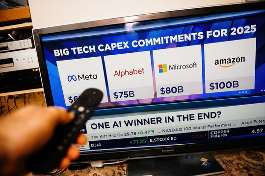 Paris, France - Feb 19, 2025: A person holds a remote while watching CNBC on a Panasonic TV, displaying Meta, Alphabet, Microsoft, and Amazon 2025 capital expenditure commitments and market data