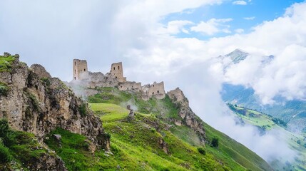 Obraz premium Scenic High Mountain Pass with Ruins Amidst Dramatic Clouds