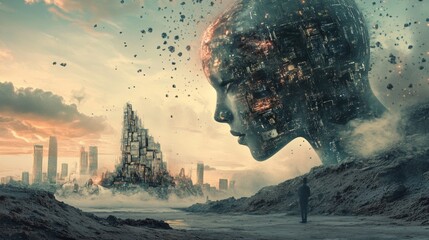 A massive, futuristic digital head looms over a dystopian cityscape, with a lone figure standing in the foreground. The image depicts a post-apocalyptic scene exploring AI dominance and a decayed