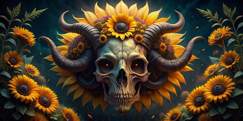 Surreal Skull Art: Horned Skull Adorned with Sunflowers - Rule of Thirds Composition