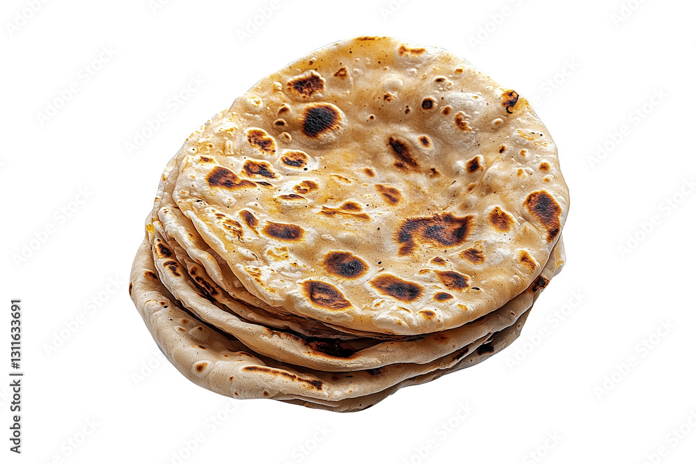 Poster stack of freshly cooked flatbreads with a golden-brown crust isolated on white background and transp