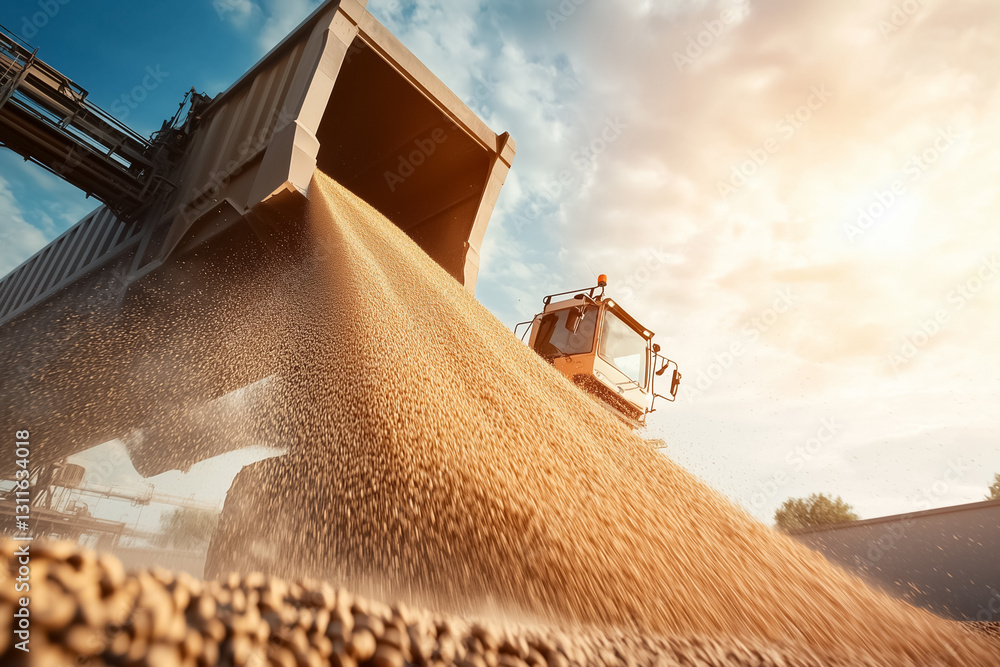 Poster a truck pours a cascade of grain into an expansive storage container, captured from a low angle that