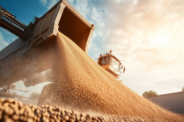 A truck pours a cascade of grain into an expansive storage container, captured from a low angle that highlights the impressive scale and dynamic movement of the operation during sunset