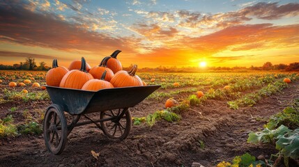 Under a blue sky with clouds, a rustic wheelbarrow filled with pumpkins stands in a sunny autumn field