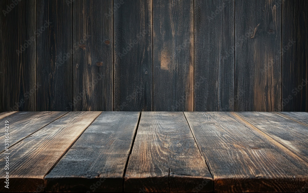 Poster rustic dark wood plank background with empty table surface for product