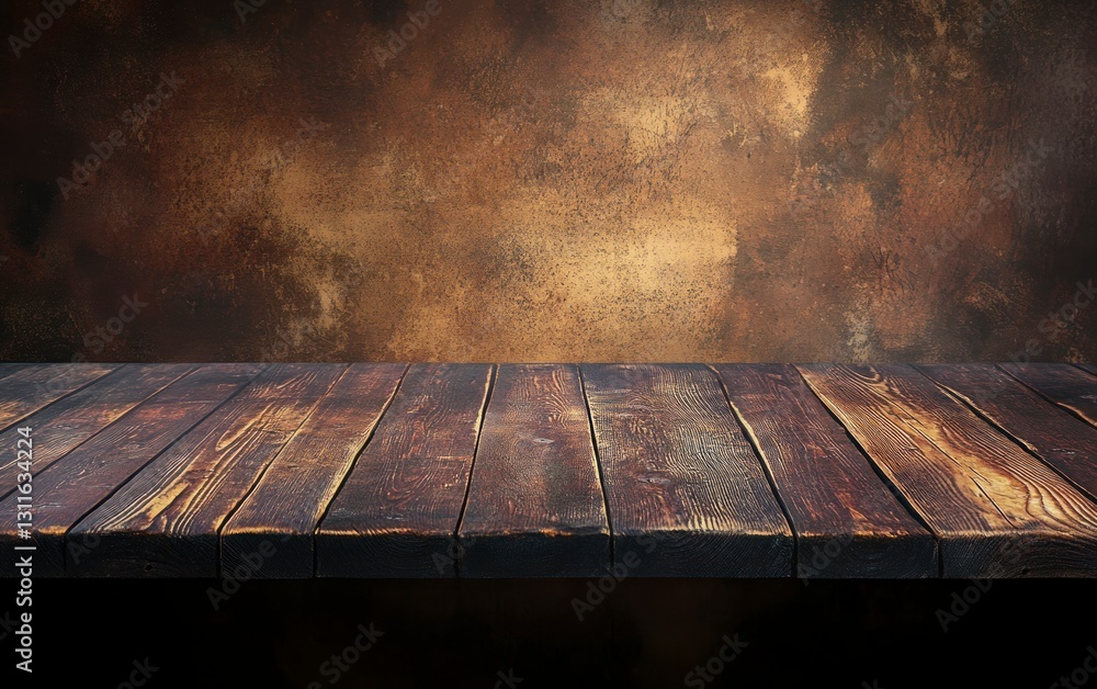 Poster rustic wooden table with dark background texture ready for product display