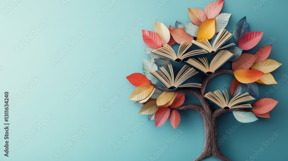 Poster a creative and symbolic representation of a tree with open books forming the branches and colorful l