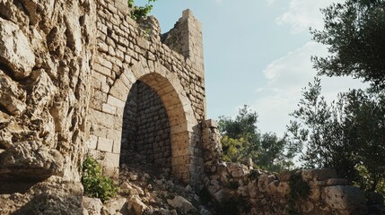 Collapsed Tower Ruins Against a Blue Sky Surrounded by Greenery