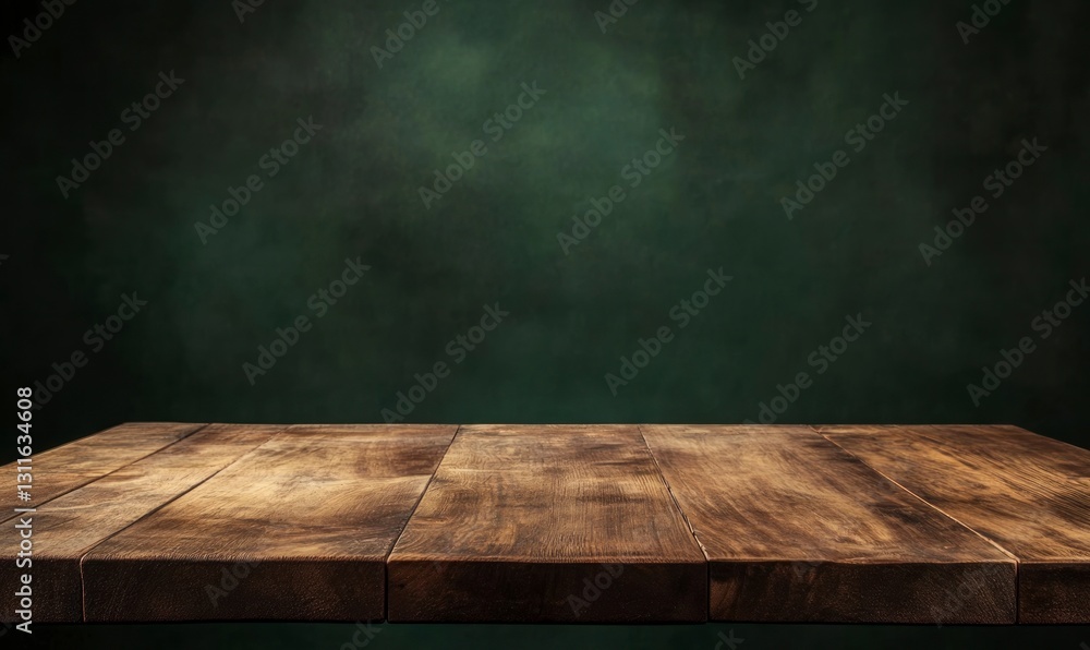 Poster rustic wooden table surface with dark green backdrop for product display