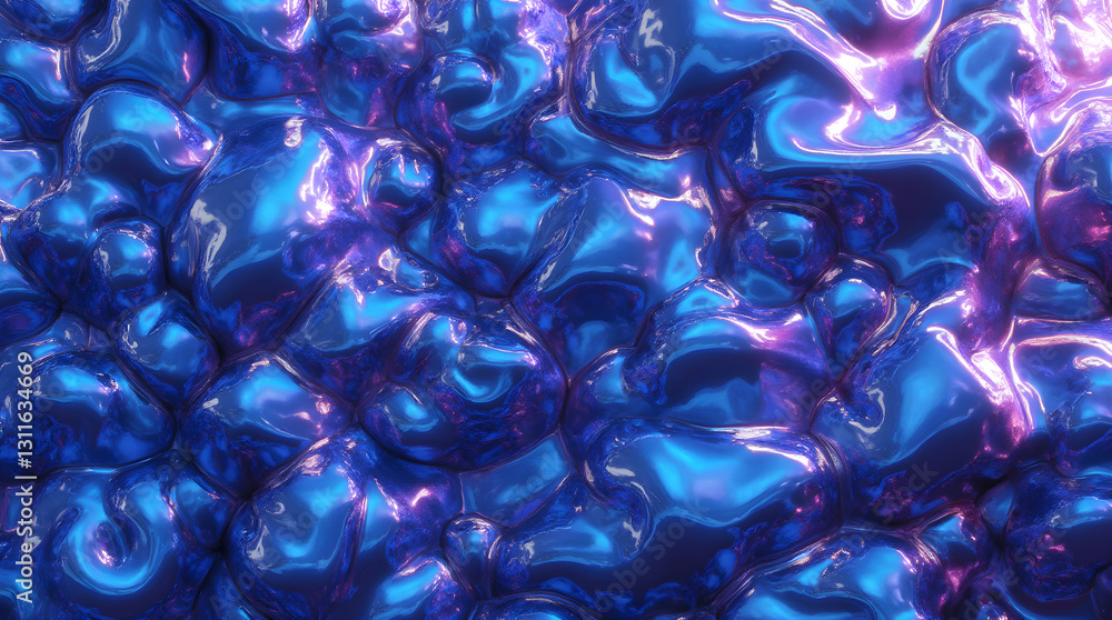 Poster shiny blue metallic liquid texture with purple highlights - abstract glossy bumpy wavy surface close