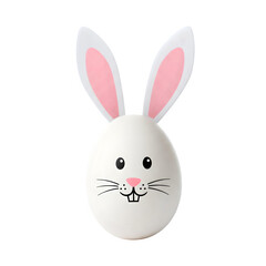 Fototapeta premium Sweet little bunny egg for Easter, sporting ears and a friendly face, placed on a clean white surface.