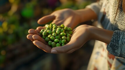 A woman holds a cluster of green coffee beans