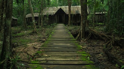 Obraz premium Wooden Walkway Leading to Rustic Structure in Lush Green Forest