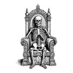 Obraz premium Skeleton Sitting on Elaborate Throne Detailed Illustration Black and White Outline Line Art Drawing