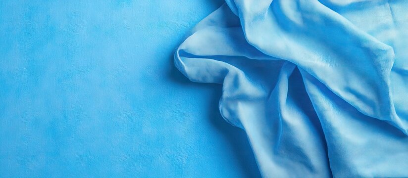Flat lay of a textured blue napkin draped on a smooth blue surface with soft folds creating depth and ideal space for mockup design
