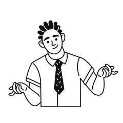 Young business man in a thoughtful pose. Hands to the sides. Male doodle character. Vector black and white illustration in flat linear style