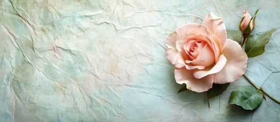 Pastel colored variegated rose on textured light blue vintage paper background with soft creases and faded colors in a serene layout