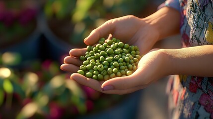 A woman holds a cluster of green coffee beans