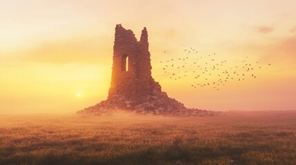 Obraz premium Lonely Spire Surrounded by Rubble in a Misty Sunrise Landscape