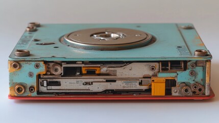 Obraz premium Vintage Disk Drive Open, Interior View, Light Gray Background