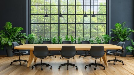 Fototapeta premium A bright, modern dining room with a wooden table and a green plant highlighted by a dome light