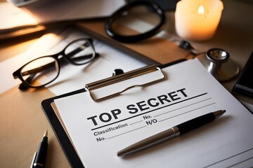 Close-up of a top secret document on a desk with glasses and a candle, creating a serious ambiance.