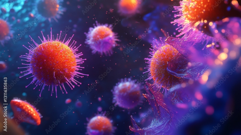 Poster a 3d render of vibrant virus particles floating in a surreal and futuristic environment. bright colo