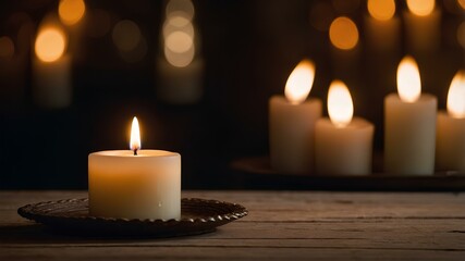 a small candle is burning in the foreground, some other candles are slightly blurred in the background, beautiful bokeh effect. The surface under the candle looks shiny and reflects light
