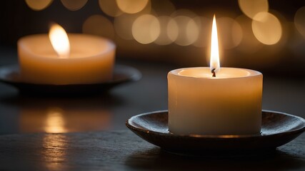 A burning white candle with a golden bokeh background. The candle has drops of melted wax on the side, creating a warm and calming atmosphere.