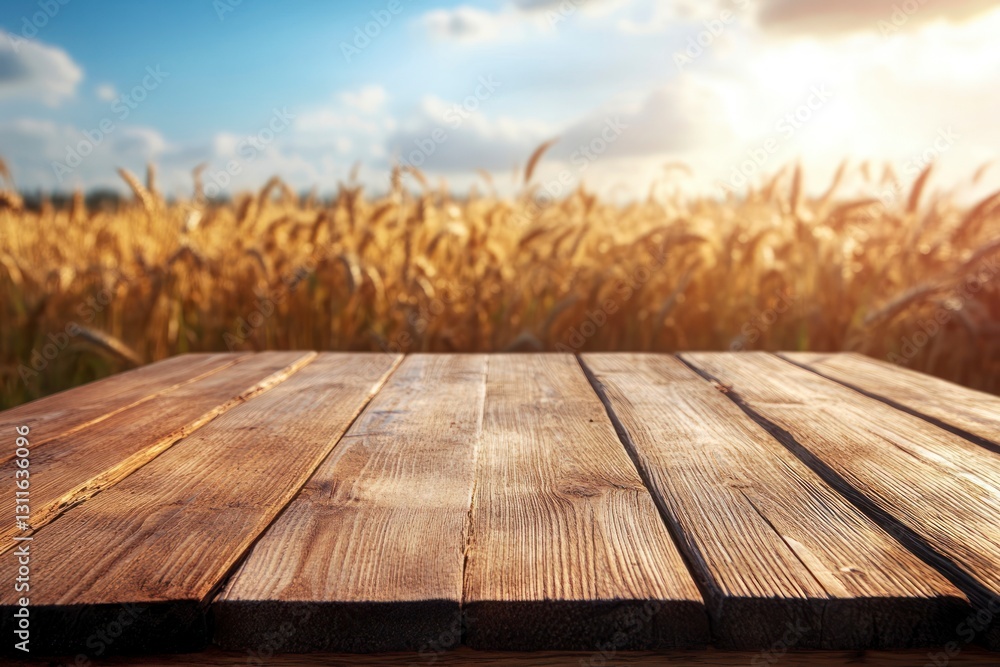 Poster wooden table with wheat field background on sunny day for product display