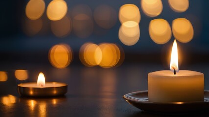 Three candles in transparent glasses with soft flames, creating a warm and intimate atmosphere. In the background, several other candles are visible with a golden bokeh effect.
