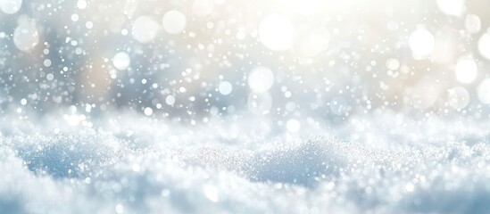 Fototapeta premium Abstract winter scene featuring a soft white snow surface with blurred shiny bokeh effect and scattered snowflakes in light pastel colors.
