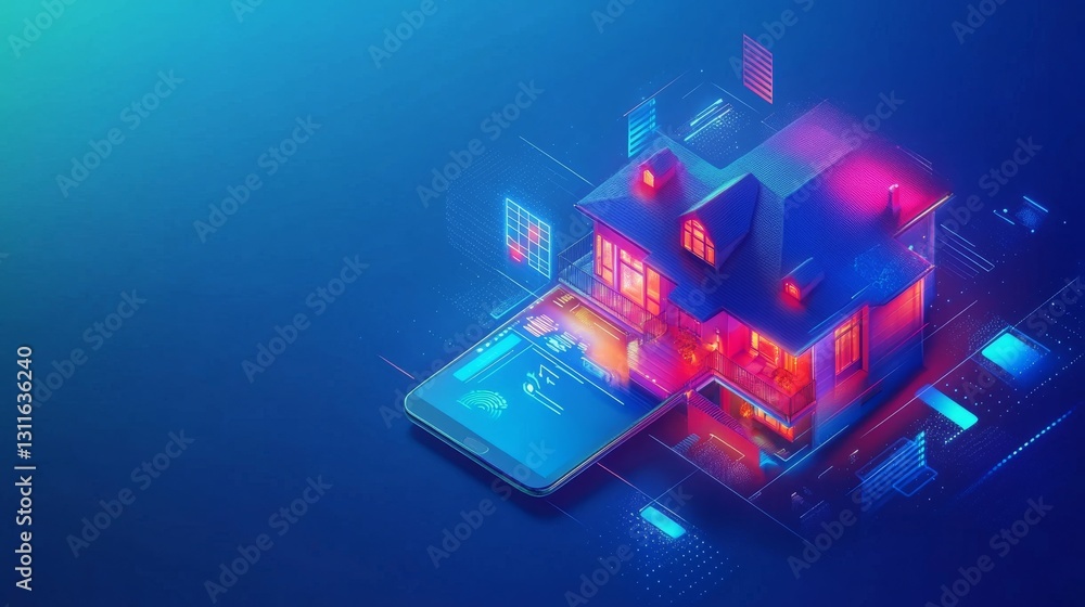 Poster futuristic 3d illustration of a smart home integrated with a mobile phone interface. the house emits